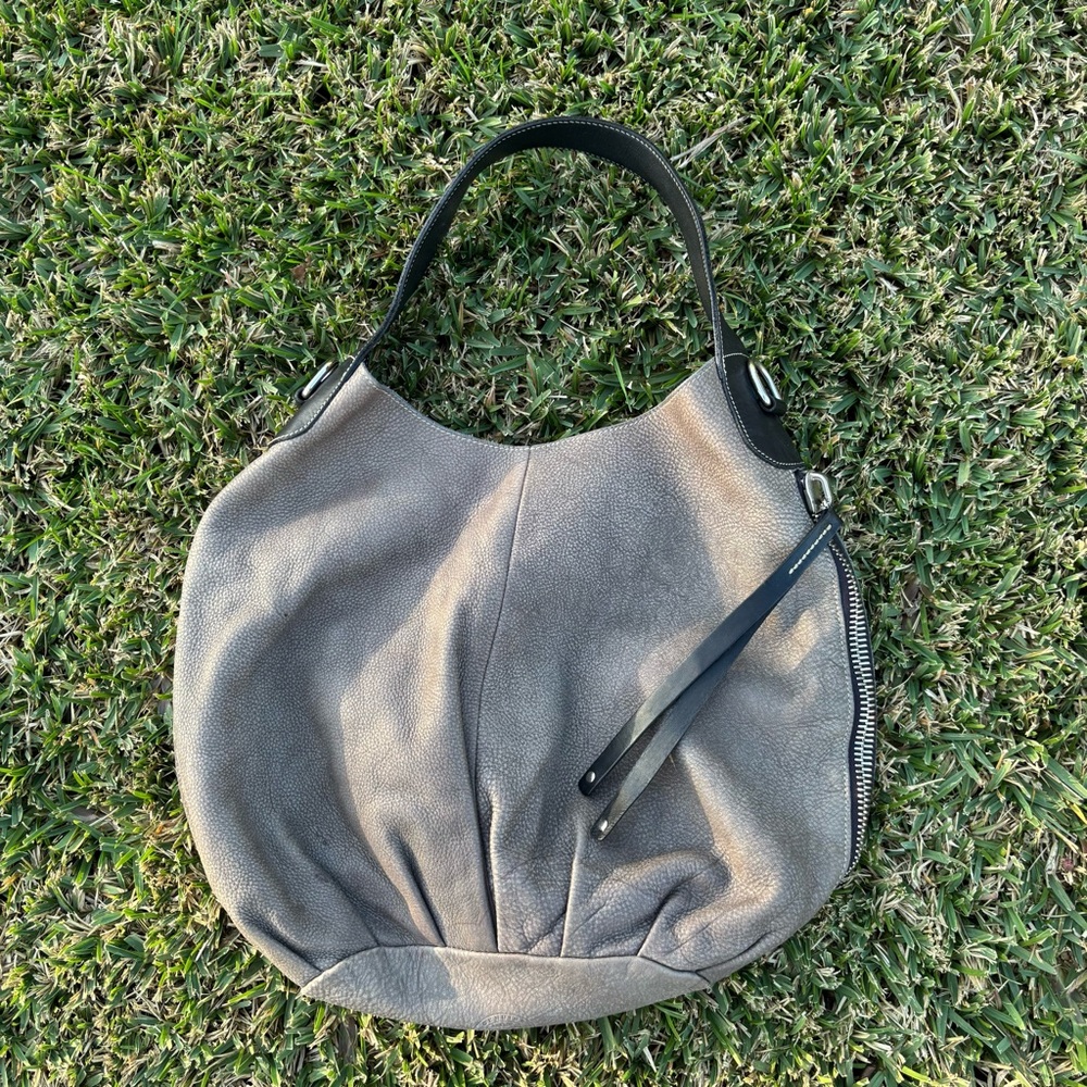 Roots grey and black leather shoulder purse bag silver hardware